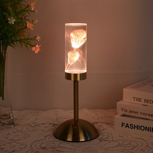 Detail of warm LED night light inside preserved flower acrylic lamp with brass base