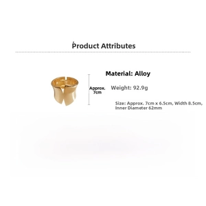 Detailed spec sheet showing 62mm inner diameter and 92.9g weight of golden wide cuff