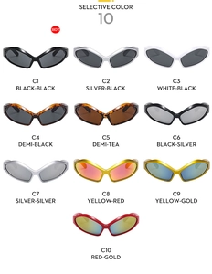 Detailed grid of ten retro wide-leg sunglasses in various colors and metallic finishes