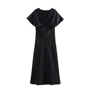 Elegant black satin V-neck midi dress with stylish pleats and cap sleeves for women