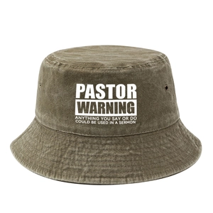 Washed cotton bucket hat in olive green with white text print on the front panel