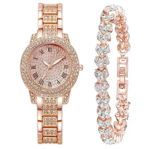 Luxury gold watch and heart bracelet set for women featuring full crystal embellishments