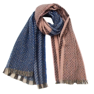 Detail of blue and pink knit scarf with soft texture and stylish fringe tassels