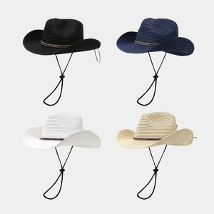 Summer Paper Straw Cowboy Hat With Adjustable Wind Rope And Animal Print Rhinestone Band For Outdoor Beach Sun Protection