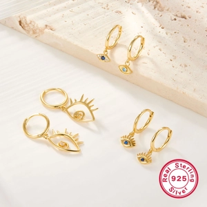 Three pairs of S925 sterling silver evil eye hoop earrings with blue zircon in gold finish