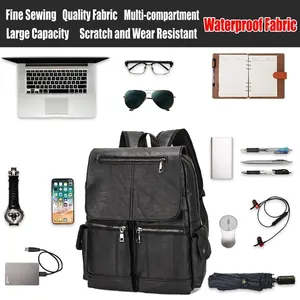 Waterproof black leather laptop backpack with multi-compartment for business travel