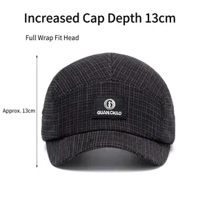 Short brim plaid baseball cap in dark gray with 13cm depth dimension annotation