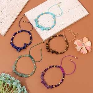 Adjustable natural stone bead bracelets with gold accents and woven rope for women