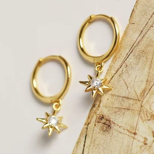 Gold plated S925 silver star hoop earrings with clear zircon on vintage background