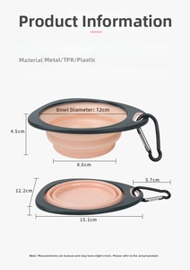 Detail view of foldable pet bowl dimensions and metal carabiner for outdoor travel