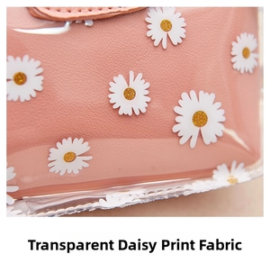 Detailed macro view of pink lychee leather texture with transparent daisy print overlay