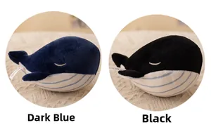 Detailed view of blue and black plush whale keychains with CE certified labels