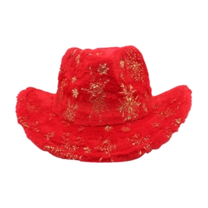 Red Christmas cowboy hat with gold snowflake patterns and plush texture for festive parties