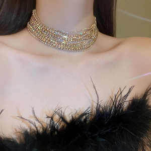 Close-up of sparkling multi-layer rhinestone choker necklace in gold and silver finish
