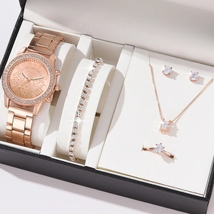 Elegant rose gold women's watch gift set with diamond bracelets and jewelry set box