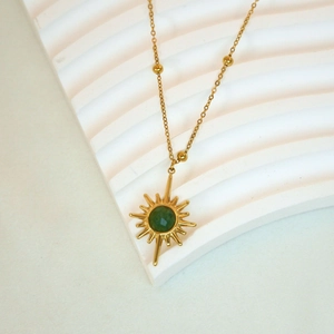 Classic 14K gold stainless steel necklace featuring a starburst natural green stone pendant