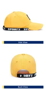 Dettaglio cappellino giallo con nastri sportivi lunghi e fibbia di regolazione