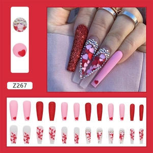 Long ballet press-on nails with red heart rhinestones and glitter finish, 24 pieces
