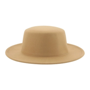 Close-up of the smooth wool felt texture and precise stitching on camel boater hat brim