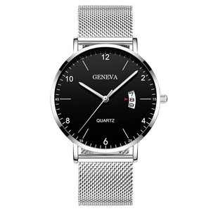 Classic silver mesh men's quartz watch with black dial and luminous calendar display