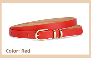 Detail view of red leather Y2K skinny belt with golden U-shaped buckle and lychee texture
