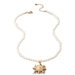 Elegant single-layer pearl necklace with a radiant golden sun pendant and lobster clasp