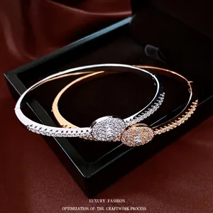Oval Micro Pave Zircon Bangle Copper Gold Plated Silver Minimalist Light Luxury Fashion Jewelry For Women