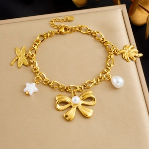 Stainless Steel Gold Plated Charm Bracelet With Artificial Pearls Dragonfly Bow Palm Tree Star For Women Elegant Summer Jewelry