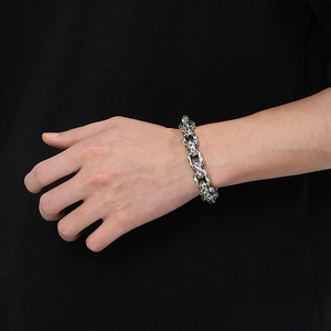 Vintage industrial silver stainless steel square link bracelet for men on model wrist