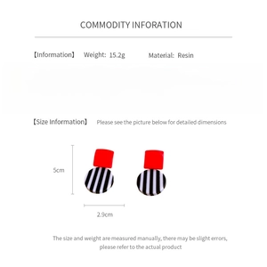 Detailed spec sheet for geometric resin earrings showing size 5cm x 2.9cm and 15.2g weight