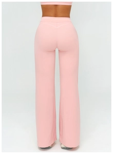 Detail showing high-waisted design and V-shaped back seam on pink wide-leg yoga pants