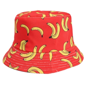 Red reversible bucket hat with yellow banana fruit prints and street style stitching