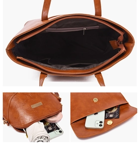 Detail view of brown tote bag with zipper pocket and front magnetic compartment
