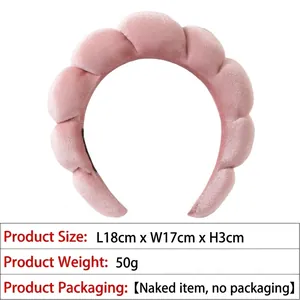 Pink velvet padded sponge headband showing 18x17x3cm dimensions and weight detail