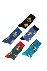 Detailed set of five cotton socks featuring eagle, sloth, koala, kangaroo, and panda patterns