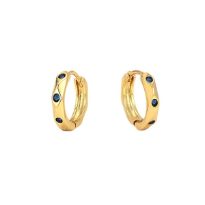 Fashionable gold hoop earrings with irregular wave texture and inlaid blue zircons