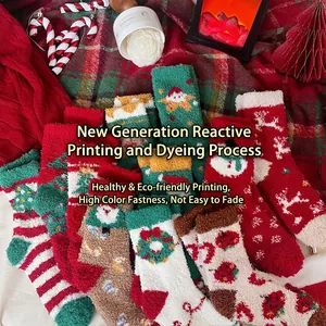 Thick coral fleece Christmas socks set with Santa and snowman patterns in festive colors
