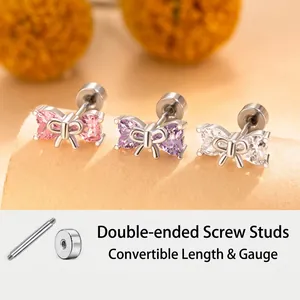 Bowknot Heart Zirconia Earrings Titanium Steel Screw Back Cartilage Piercing Stud Cute Tiny Jewelry For Women