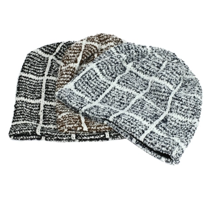 Checkered knit beanie hats in black, brown and grey plaid patterns for winter warmth