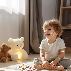 Close-up of children's colorful Christmas temporary tattoos with reindeer and tree motifs