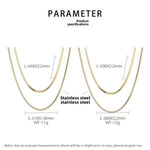 Size specifications for gold stainless steel layered necklaces with lengths and weights
