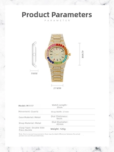 Detailed specifications of the M1117 quartz watch with metal band and calendar display