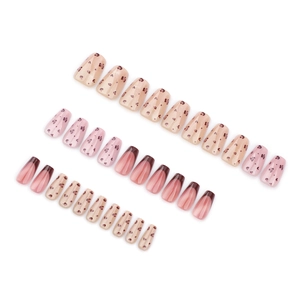 Leopard print and French tip press-on nails set with heart patterns in reddish tones