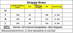 Größentabelle für bedrucktes rückenfreies Camisole-Kleid mit Maßen und Stoffdetails