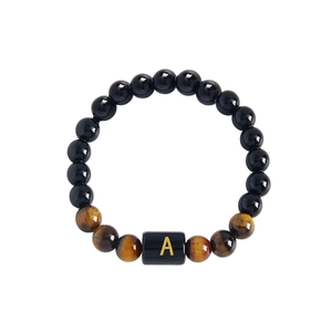 8mm natural tiger eye and obsidian beaded stretch bracelet with golden letter A charm