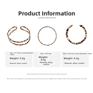 Three leopard print leather and alloy bracelets showing detailed size and weight specs