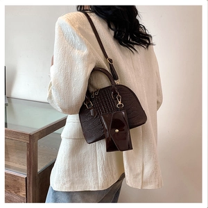 Dark brown crocodile embossed shell bag with detachable coin purse for women