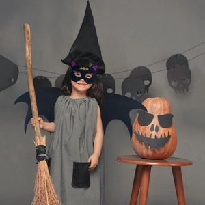 Kids Halloween bat costume set with grey robe, black witch hat, mask, and broom prop