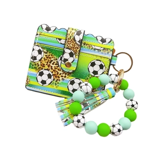 Silicone beaded bracelet keychain with soccer leopard pattern PU leather card holder wallet
