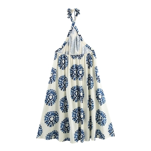 Bohemian blue and white geometric print halter maxi dress with backless design